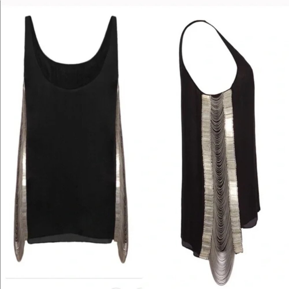 AllSaints Black Tank Top Gold Chain Metal Fringe Detail Size UK 12 US 8